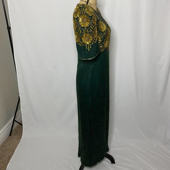 VTG Night Vogue Green Gold Embellished Maxi Dress - Picture 6 of 12